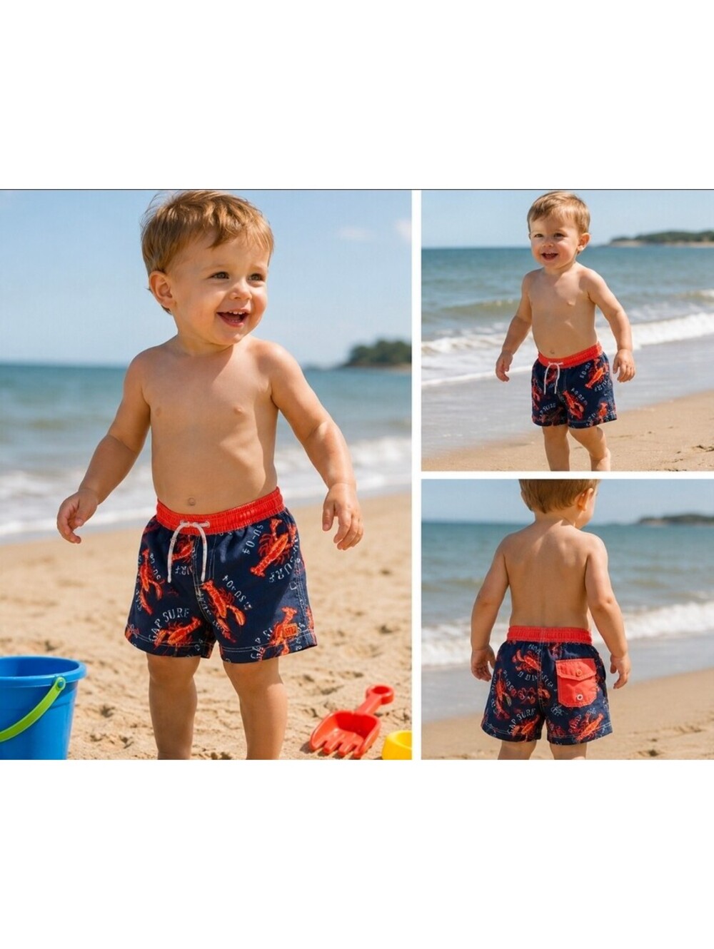 Baby Gap Toddler Lobster Print Swim Trunks 12-18 Months Blue Red Lined Beach